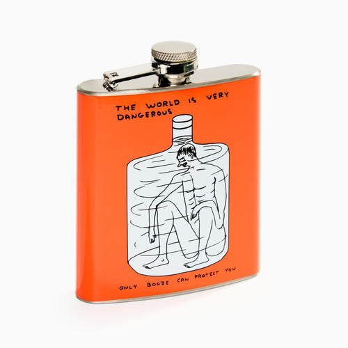 Flask with orange background and black and white illustration, text 'The world is very dangerous. Only booze can protect you.