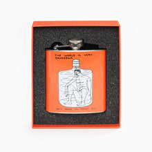 Load image into Gallery viewer, Flask with design and text in an orange box on a white background
