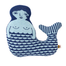 Load image into Gallery viewer, Blue knitted mermaid cushion by Donna Wilson on a white background, including brand tag with Donna Wilson logo.
