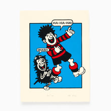 Load image into Gallery viewer, Dennis the Menace and Gnasher laughing Beano screen print by John Reynolds in red, black and blue
