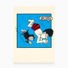 Load image into Gallery viewer, Dennis and Gnasher diving Beano screen print by John Reynolds in blue red and black
