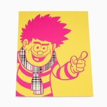 Load image into Gallery viewer, dennis the menace poster wall art print yellow and pink with tartan scarf
