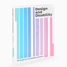 Load image into Gallery viewer, Design and Disability exhibition catalogue cover with blue, purple and pink striped design
