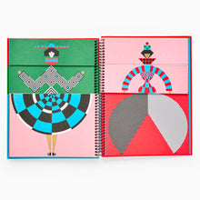 Load image into Gallery viewer, Creative fashion illustration spread from Fashion Play book with bold graphic outfits
