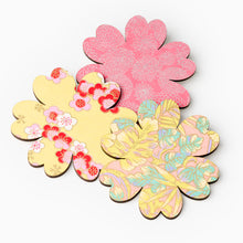 Load image into Gallery viewer, Set of three wooden flower brooches covered in Japanese washi paper – V&amp;A Dundee jewellery

