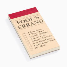 Load image into Gallery viewer, Fool’s Errand shopping list pad by Michael Wiseman with cream paper and red binding
