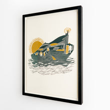 Load image into Gallery viewer, Angles shot of a framed illustrated poster of the V&amp;A Dundee by Morven Graham 
