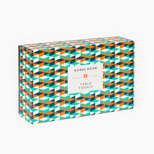 Load image into Gallery viewer, A boxed Games Room table tennis set with orange and teal geometric pattern on the packaging, including two bats, three balls, and an adjustable net.
