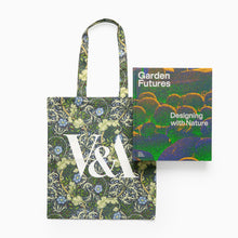 Load image into Gallery viewer, Tote bag with floral design and V&amp;A logo next to a book titled &#39;Garden Futures: Designing with Nature&#39; on a white background
