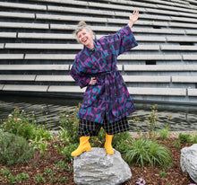 Load image into Gallery viewer, gardening robe purple blue modern on female model  irregular sleep pattern v&amp;a dundee 
