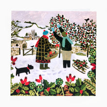 Load image into Gallery viewer, Gathering the Holly Christmas card by Vanessa Bowman featuring a festive winter garden scene
