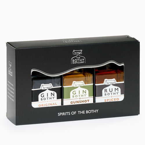 Packaged spirits of The Bothy with three bottles inside a black box.