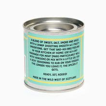 Load image into Gallery viewer, Back of a tin of  &#39;The BBQ Rodeo Rub Spice Blend&#39; by Goat Rodeo Goods.
