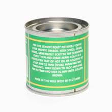 Load image into Gallery viewer, the back of a tin of goat rodeo goods roast potato seasoning
