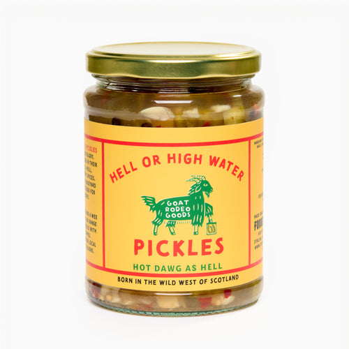 Jar of pickles with a colorful label on a white background
