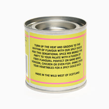 Load image into Gallery viewer, Back of the tin container labeled &#39;Spicy Disco Mix Spice Blend&#39; with a graphic of a goat, indicating the product is a spice mix from Goat Rodeo Goods.
