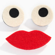 Load image into Gallery viewer, Playful googly eyes and red lips felt brooch set by Lynsey Walters
