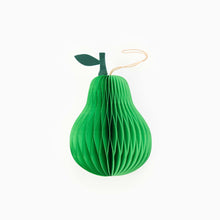 Load image into Gallery viewer, Green pear honeycomb Christmas bauble made from recycled paper with hanging loop
