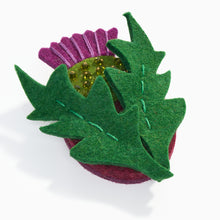 Load image into Gallery viewer, Green felt thistle brooch with glass bead detail by Scottish designer Lynsey Walters
