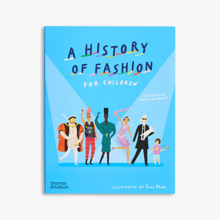 Book cover of 'A History of Fashion for Children' with illustrated characters on a blue background
