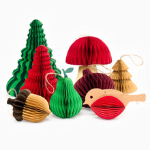 Load image into Gallery viewer, Red honeycomb paper Christmas trees displayed with colourful festive honeycomb decorations
