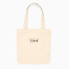Load image into Gallery viewer, Back of Iain R Webb fashion illustration tote bag with logo detail
