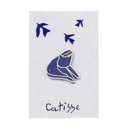 Blue shoe-shaped cat pin badge on a white card with 'Catisse' branding and blue birds on packaging