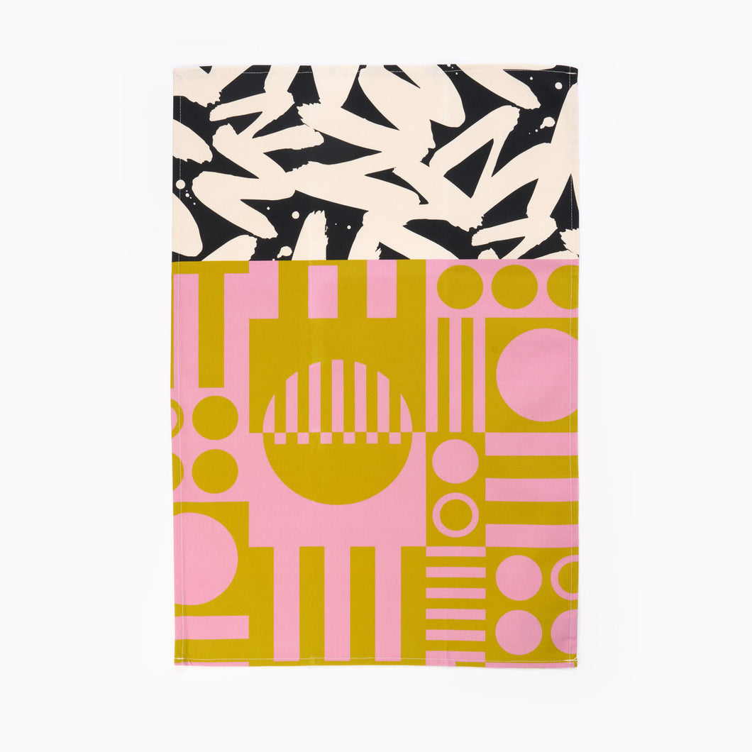 cool tea towel by irregular sleep pattern in light pink and wasabi