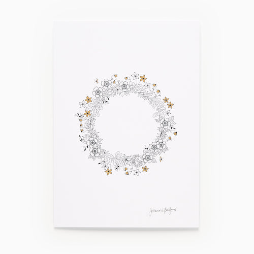 Wildflower floral wreath design on a white background. Adult colouring art print