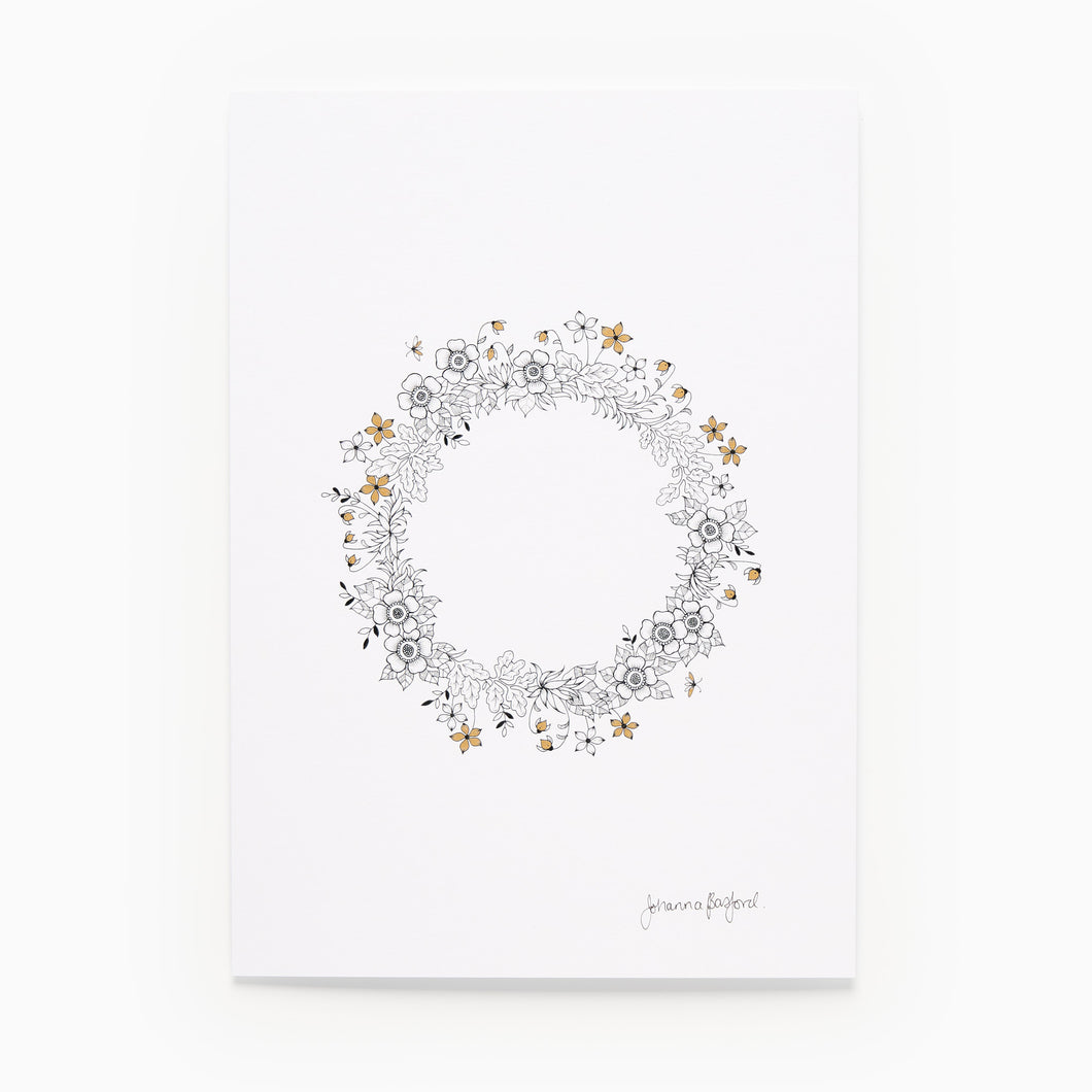 Wildflower floral wreath design on a white background. Adult colouring art print