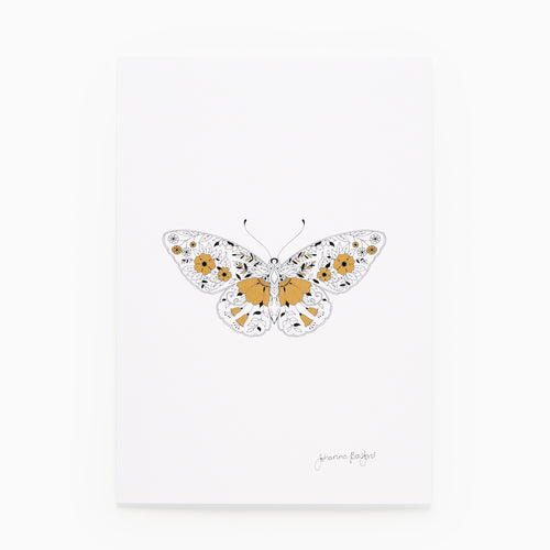 Johanna Basford butterfly illustration in black, white and gold on a white background artist signature on print