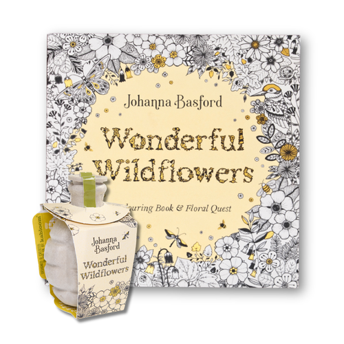 Johanna Basford 'Wonderful Wildflowers' adult colouring book and garden seedbom gift set on a white background