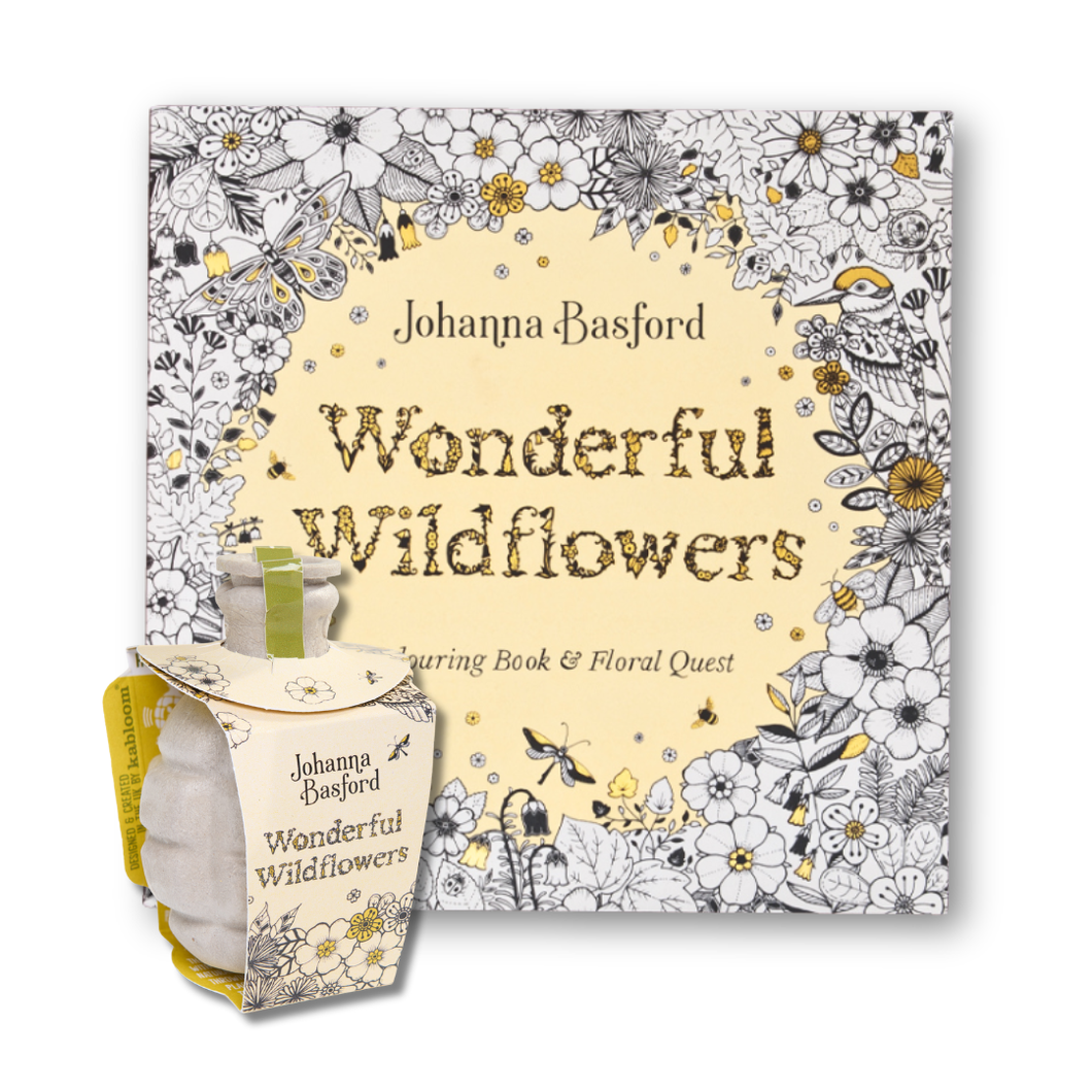 Johanna Basford 'Wonderful Wildflowers' adult colouring book and garden seedbom gift set on a white background