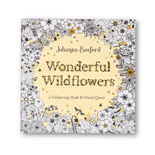 Adult colouring book titled 'Wonderful Wildflowers' by Johanna Basford with floral and nature-themed design.