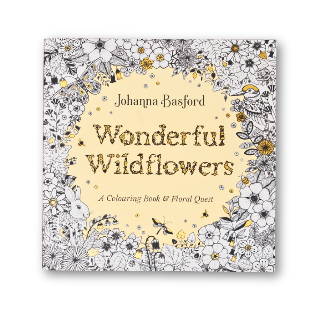 Adult colouring book titled 'Wonderful Wildflowers' by Johanna Basford with floral and nature-themed design.