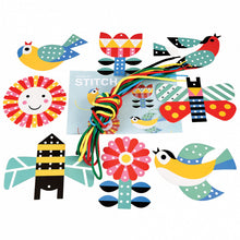 Load image into Gallery viewer, Colorful illustrations of birds, flowers, and a bee on a white background with &#39;Stitch&#39; magazine.
