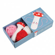 Load image into Gallery viewer, Knitting mushroom set with pink yarn and red mushroom-shaped knitting needles in a blue box.
