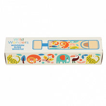 Load image into Gallery viewer, Box of Wild Wonders wooden toy whistle with colorful animal illustrations on a white background
