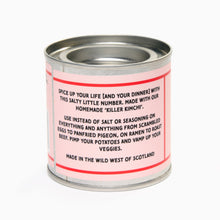 Load image into Gallery viewer, back of a tin of 'Salty B*itch Kimchi Salt' by goat rodeo goods.

