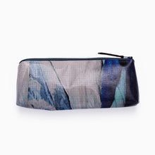 Load image into Gallery viewer, Upcycled pencil case made from recycled Kimono exhibition banner featuring purple and blue graphic design with zip closure.
