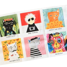 Load image into Gallery viewer, Close up of arty cats tea towel illustrations showing 6 cats on a white background
