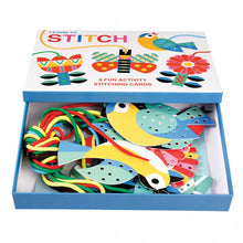 Load image into Gallery viewer, Learn to Stitch Set with illustrated cards and colourful strings in an open box
