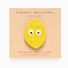 Load image into Gallery viewer, Lemon felt brooch handmade by Scottish jewellery designer Lynsey Walters
