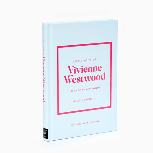 The cover of the book titled 'Little Book of Vivienne Westwood' featuring a white background with a pink square and black text.