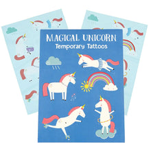 Load image into Gallery viewer, Packet of magical unicorn temporary tattoos for children with colourful unicorn and rainbow designs.
