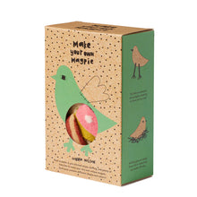 Load image into Gallery viewer, Packaging of &#39;Make your own Magpie&#39; kit with a window showing a knitted magpie and contents, set against a beige background.
