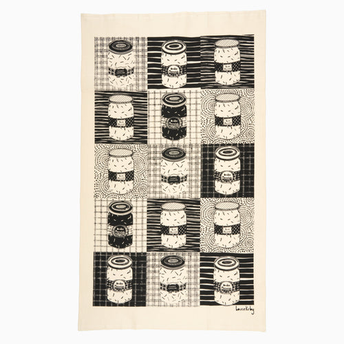 A black and white tea towel with a pattern of illustrated jars of marmalade, designed by Louise Kirby.