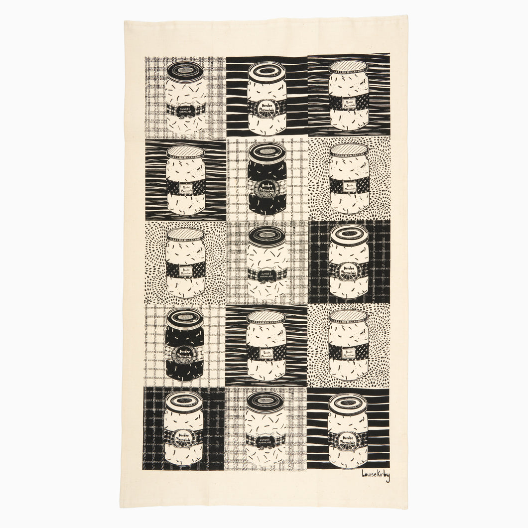 A black and white tea towel with a pattern of illustrated jars of marmalade, designed by Louise Kirby.