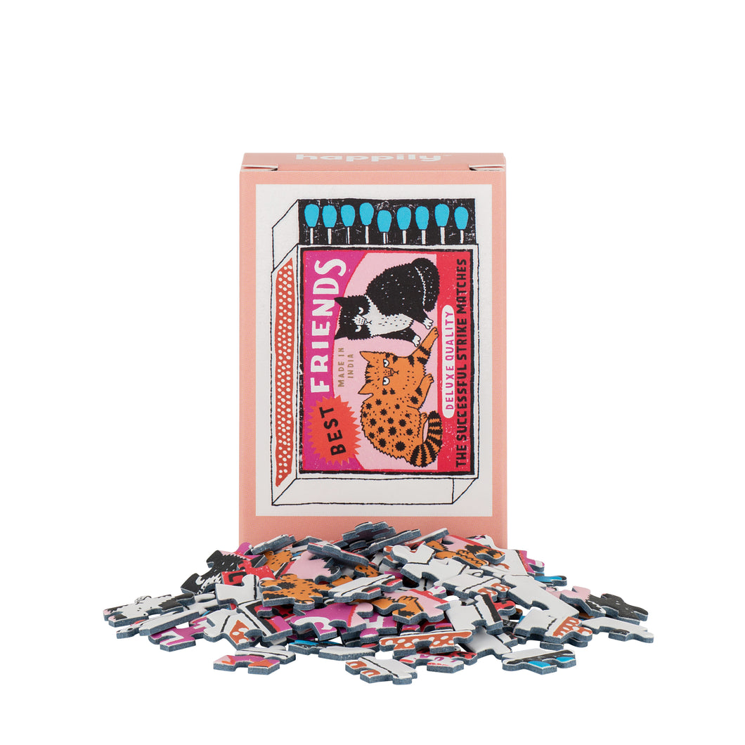 Puzzle pieces and packaging with 'Best Friends' illustration on a white background