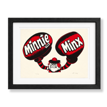 Load image into Gallery viewer, Minnie the Minx wearing boxing gloves Beano screen print by John Reynolds in red and black in black frame and white mount
